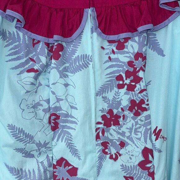 Vintage Mamo Howell MuuMuu Dress Maroon And Blue Ruffle Hawaiian Print Signed 16 - Picture 5 of 9
